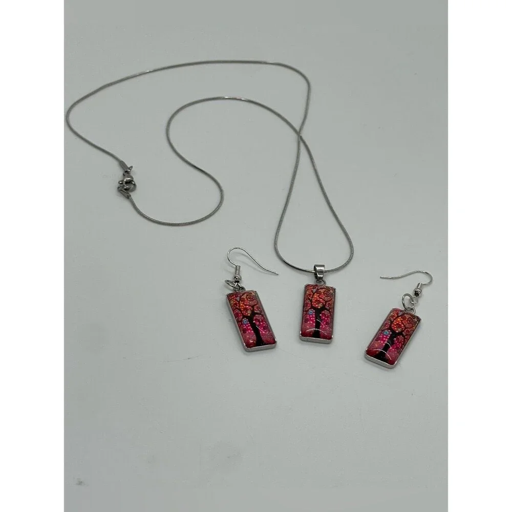 Hand Crafted Pink Red Tree Glass Rectangle Pendant Necklace Earrings Set NWT